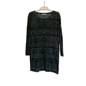 Peruvian Connection Womens Teal Black Damask Cotton Shift Dress Small EUC
